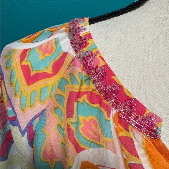 Hale Bob 100% Silk Beaded Neckline Multicolor Print Women's Blouse XS - Picture 4 of 11